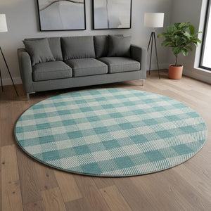 HomeRoots 8' Teal and Ivory Plaid Round Rug - Washable, UV Protected, Stain Resistant for Active Homes 673498