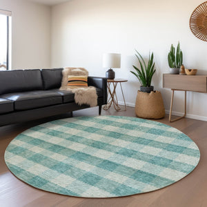 HomeRoots 8' Teal and Ivory Plaid Round Rug - Washable, UV Protected, Stain Resistant for Active Homes 673498