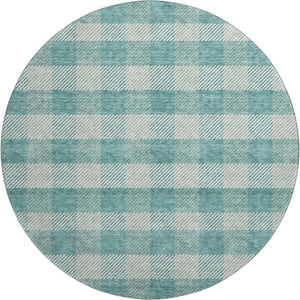 HomeRoots 8' Teal and Ivory Plaid Round Rug - Washable, UV Protected, Stain Resistant for Active Homes 673498