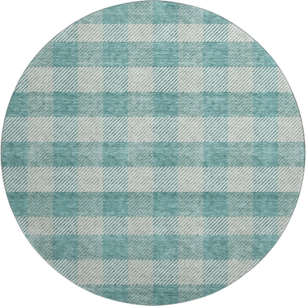 HomeRoots 8' Teal and Ivory Plaid Round Rug - Washable, UV Protected, Stain Resistant for Active Homes 673498