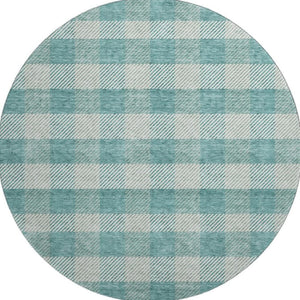 HomeRoots 8' Teal and Ivory Plaid Round Rug - Washable, UV Protected, Stain Resistant for Active Homes 673498