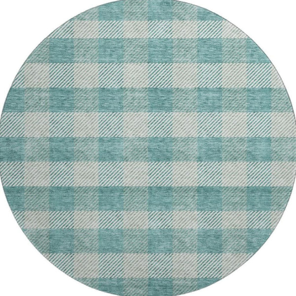 HomeRoots 8' Teal and Ivory Plaid Round Rug - Washable, UV Protected, Stain Resistant for Active Homes 673498