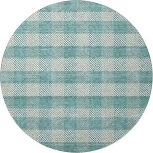 HomeRoots 8' Teal and Ivory Plaid Round Rug - Washable, UV Protected, Stain Resistant for Active Homes 673498