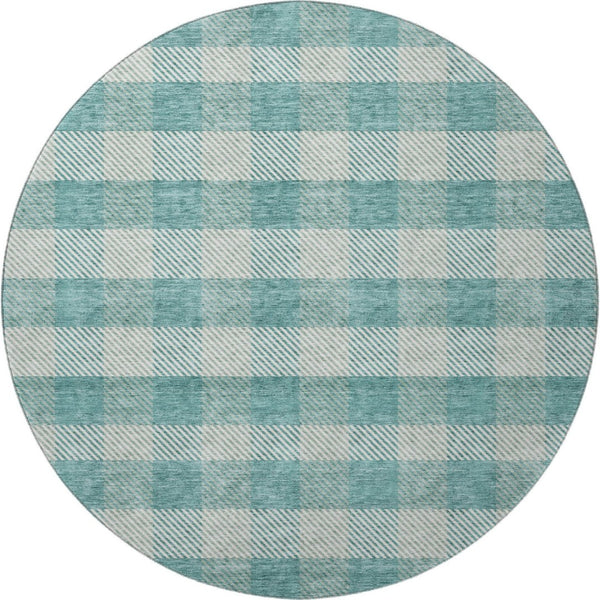 HomeRoots 8' Teal and Ivory Plaid Round Rug - Washable, UV Protected, Stain Resistant for Active Homes 673498