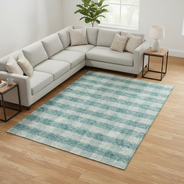 HomeRoots 8' X 10' Classic Teal and Ivory Plaid Area Rug - Washable, Durable, UV Protected for Every Home 673499