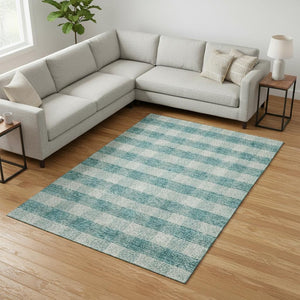HomeRoots 9' X 12' Teal And Ivory Plaid Washable Area Rug - Durable, UV-Protected Design for High-Traffic Areas 673500