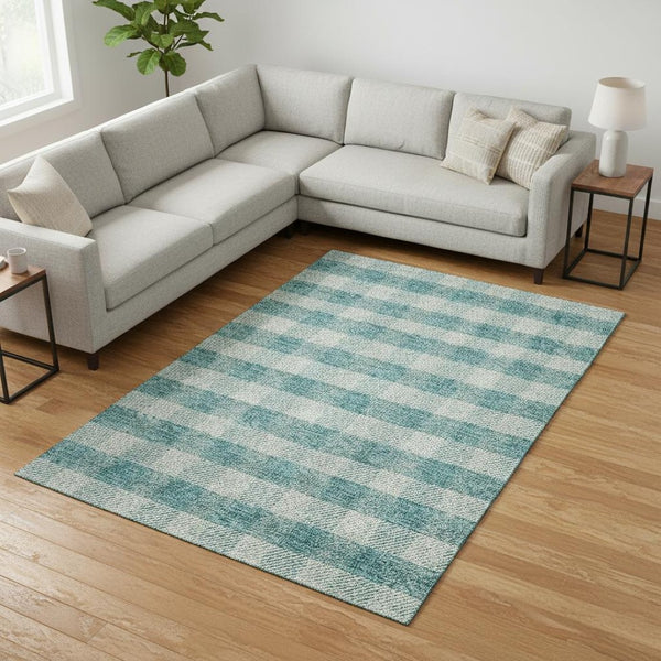 HomeRoots 9' X 12' Teal And Ivory Plaid Washable Area Rug - Durable, UV-Protected Design for High-Traffic Areas 673500