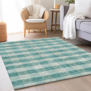 HomeRoots 9' X 12' Teal And Ivory Plaid Washable Area Rug - Durable, UV-Protected Design for High-Traffic Areas 673500