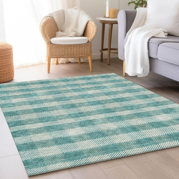 HomeRoots 9' X 12' Teal And Ivory Plaid Washable Area Rug - Durable, UV-Protected Design for High-Traffic Areas 673500