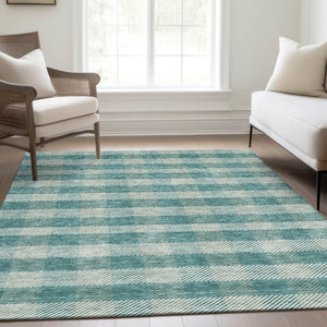 HomeRoots 9' X 12' Teal And Ivory Plaid Washable Area Rug - Durable, UV-Protected Design for High-Traffic Areas 673500