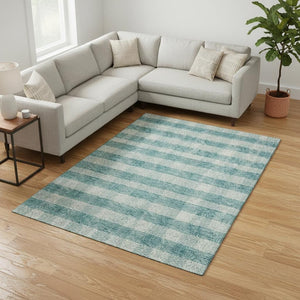 HomeRoots 10' Teal and Ivory Plaid Washable Area Rug - Durable, Stylish, UV-Protected for High-Traffic Homes 673501