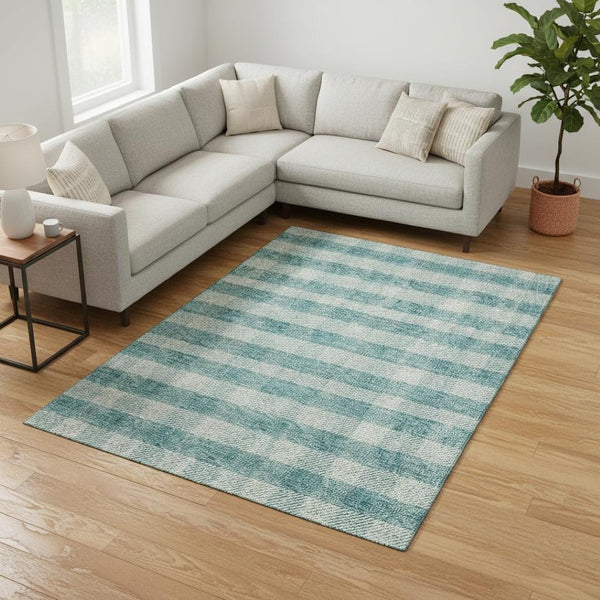 HomeRoots 10' Teal and Ivory Plaid Washable Area Rug - Durable, Stylish, UV-Protected for High-Traffic Homes 673501