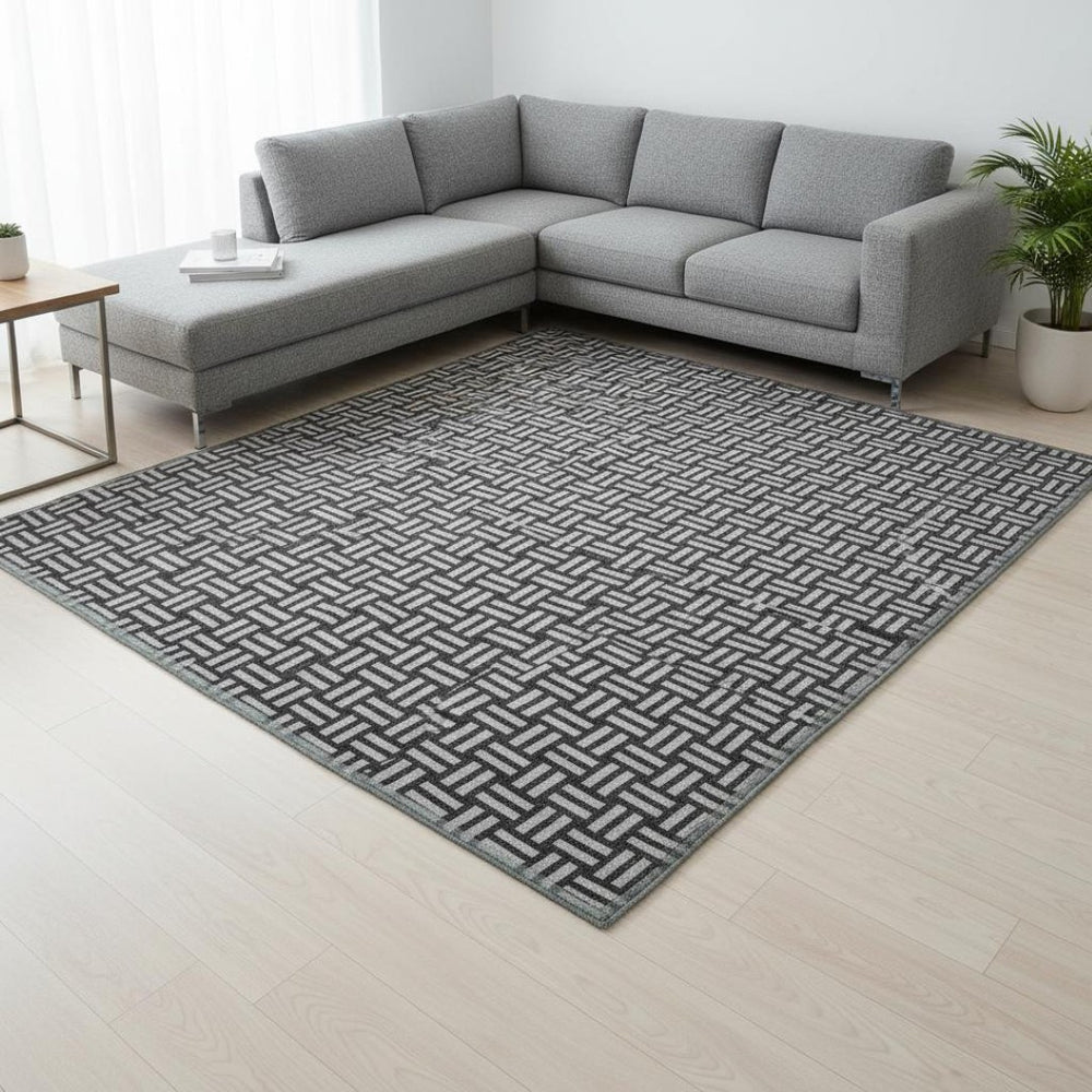 HomeRoots 9' X 12' Washable Black and Ivory Abstract Geometric Area Rug with UV Protection for Busy Homes 673506