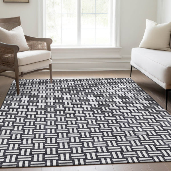 HomeRoots 10' X 14' Black and Ivory Geometric Area Rug - Washable, UV-Protected, Perfect for Busy Homes! 673507