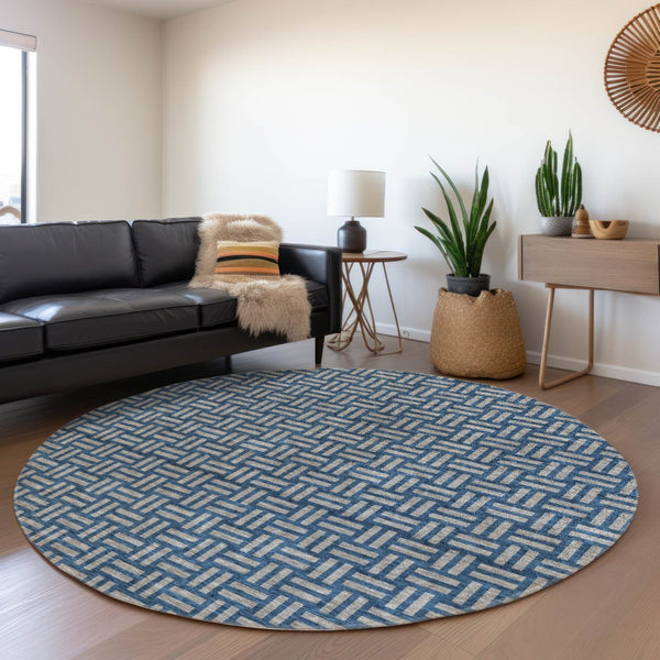 HomeRoots 8' Blue and Gray Abstract Round Rug - Washable, UV Protected, Durable Design for High-Traffic Areas 673510