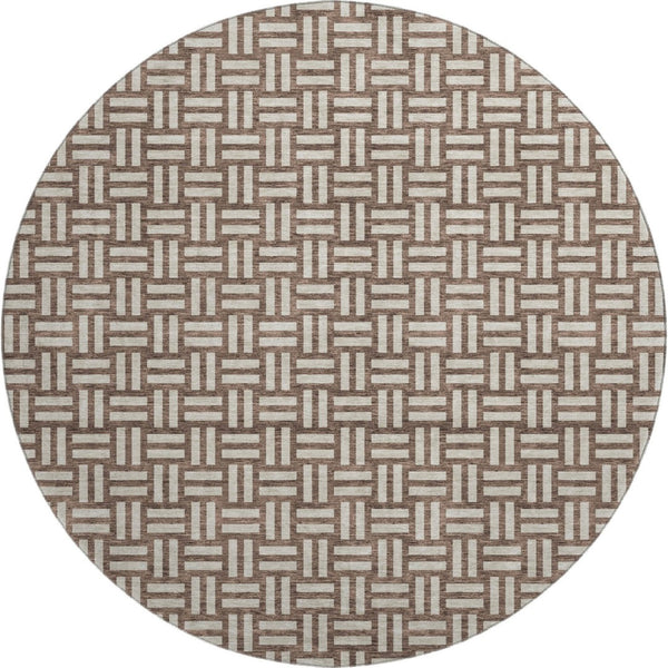 HomeRoots 8' Brown and Beige Abstract Geometric Round Rug – Washable, UV Protected, Perfect for Any Space! 673516