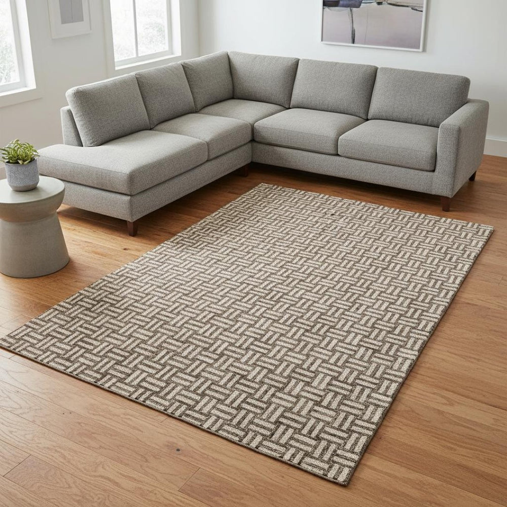 HomeRoots 9' X 12' Abstract Brown and Beige Geometric Washable Area Rug with UV Protection for Easy Care 673518
