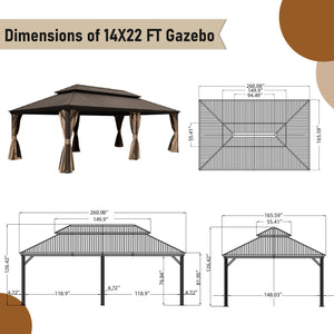 English Elm 14x22FT Hardtop Gazebo Metal Pavilion with Galvanized Double Roof, Aluminum Frame, Gutter, Curtains & Netting Brown W1859S00104