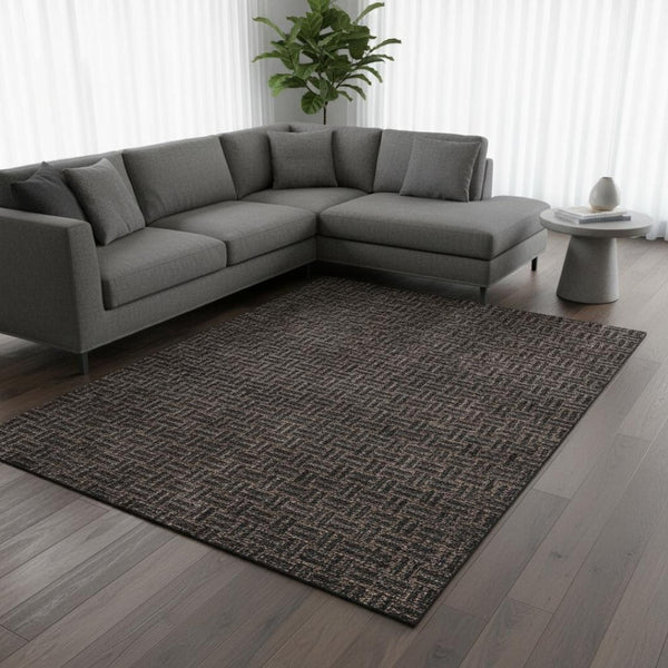 HomeRoots 9' X 12' Chocolate Gray Abstract Geometric Area Rug - Washable, UV Protected, Stylish & Durable Decor 673524