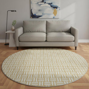 HomeRoots 8' Gold and Ivory Abstract Geometric Round Rug - Washable, UV-Protected, Ideal for Modern Spaces 673528
