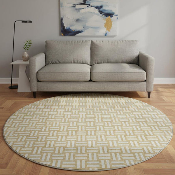 HomeRoots 8' Gold and Ivory Abstract Geometric Round Rug - Washable, UV-Protected, Ideal for Modern Spaces 673528