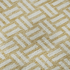 HomeRoots 8' Gold and Ivory Abstract Geometric Round Rug - Washable, UV-Protected, Ideal for Modern Spaces 673528