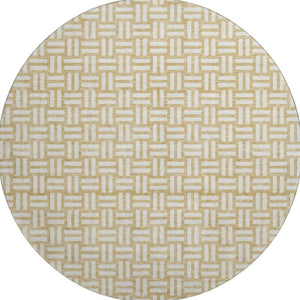 HomeRoots 8' Gold and Ivory Abstract Geometric Round Rug - Washable, UV-Protected, Ideal for Modern Spaces 673528