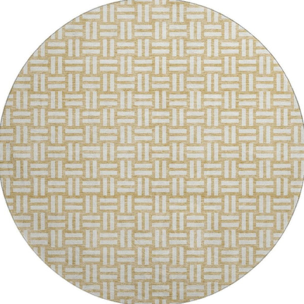 HomeRoots 8' Gold and Ivory Abstract Geometric Round Rug - Washable, UV-Protected, Ideal for Modern Spaces 673528
