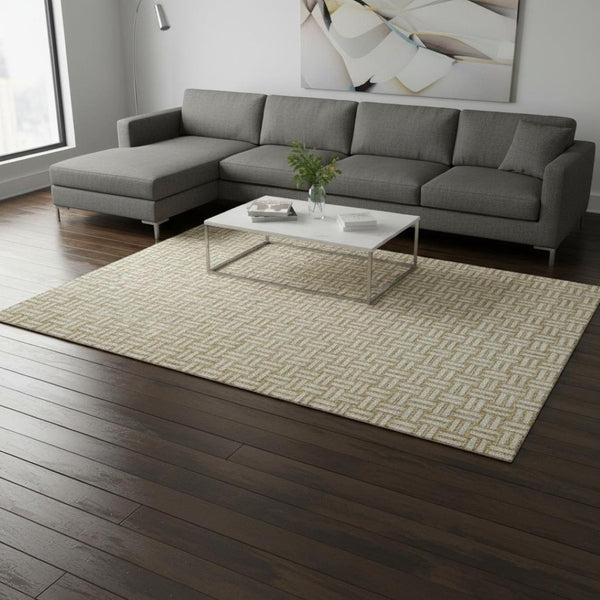 HomeRoots 8' X 10' Gold & Ivory Abstract Geometric Washable Area Rug – Durable, Stain-Resistant, UV Protected! 673529