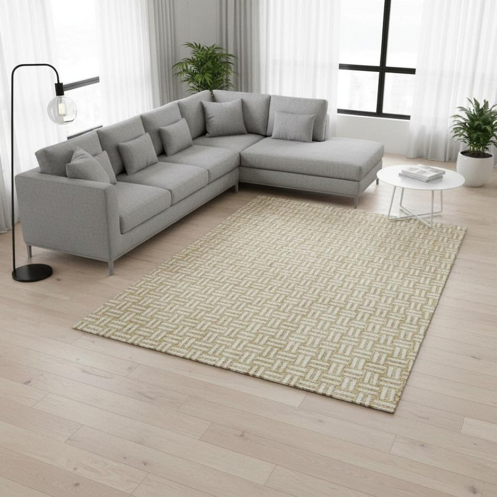 HomeRoots 10' X 14' Gold And Ivory Abstract Geometric Area Rug – Washable, Stain-Resistant, UV Protected! 673531