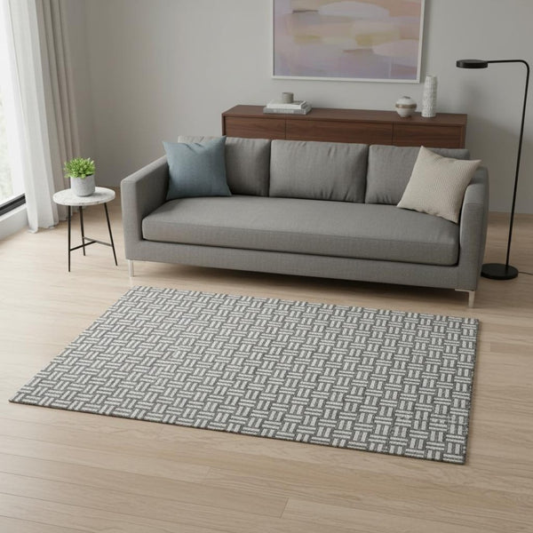 HomeRoots 5' X 8' Gray and Ivory Abstract Geometric Rug – Washable, Stain Resistant, UV Protected for Easy Care 673533