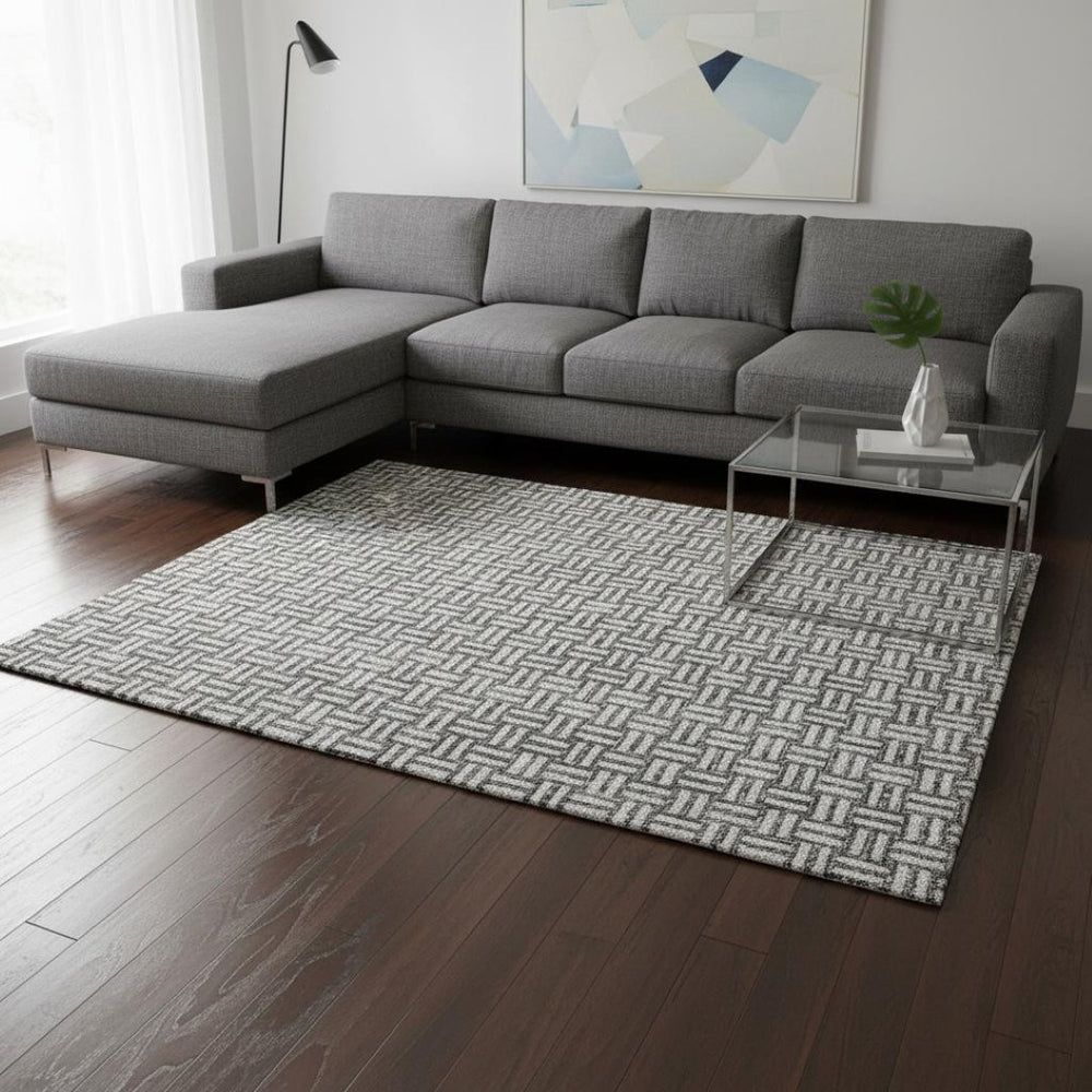 HomeRoots 9' X 12' Gray And Ivory Abstract Geometric Area Rug - Washable, Durable, UV Protected for Homes 673536