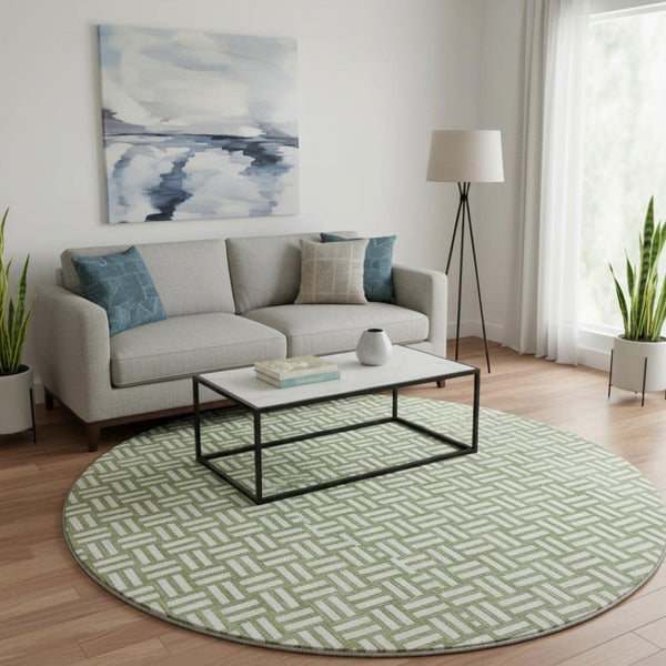 HomeRoots 8' Green and Ivory Abstract Geometric Round Rug - Washable, UV-Protected, Stylish & Durable Design 673540