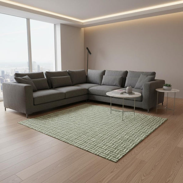HomeRoots 10' X 14' Green and Ivory Washable Area Rug - Modern Geometric Design with UV Protection & Durability 673543