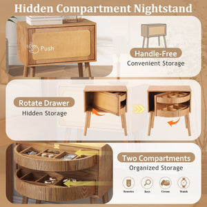 English Elm Rotating Rattan Nightstand Push Open Hidden Storage Mid Century Wood Leg Bedside Natural N761P288451M