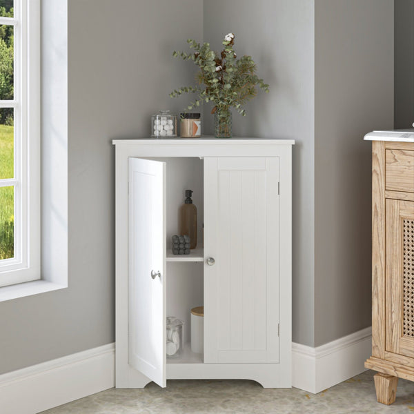 English Elm Floor Corner Cabinet with Beadboard Doors & Adjustable Shelf, Narrow Freestanding White Storage for Bath, Kitchen, Living Room, Bedroom W808P175911