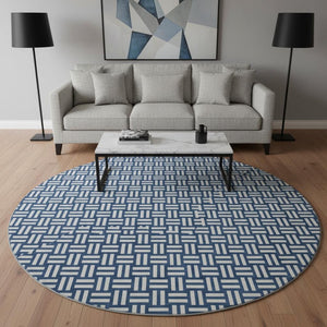 HomeRoots 8' Navy Blue & Ivory Abstract Geometric Washable Round Rug - Durable, Stain Resistant, UV Protected! 673552