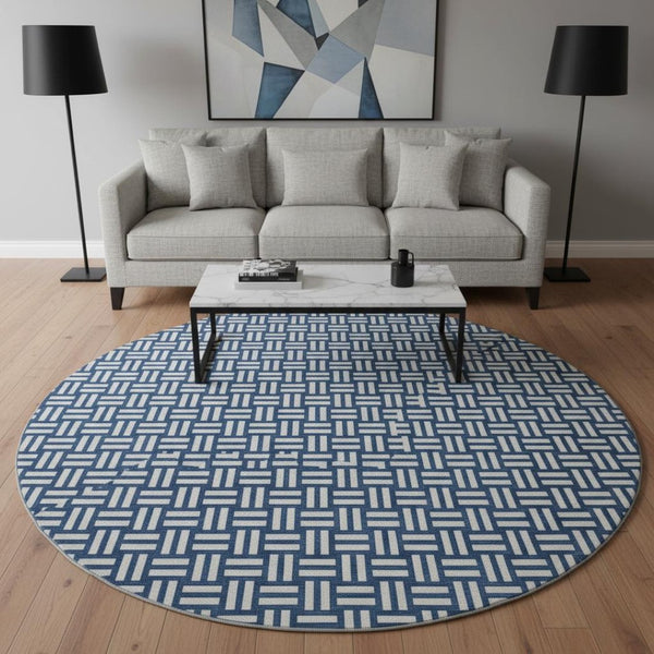 HomeRoots 8' Navy Blue & Ivory Abstract Geometric Washable Round Rug - Durable, Stain Resistant, UV Protected! 673552