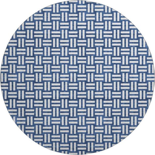 HomeRoots 8' Navy Blue & Ivory Abstract Geometric Washable Round Rug - Durable, Stain Resistant, UV Protected! 673552