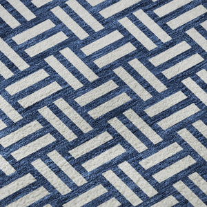 HomeRoots 8' Navy Blue & Ivory Abstract Geometric Washable Round Rug - Durable, Stain Resistant, UV Protected! 673552