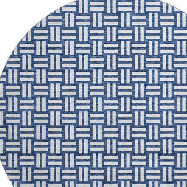 HomeRoots 8' Navy Blue & Ivory Abstract Geometric Washable Round Rug - Durable, Stain Resistant, UV Protected! 673552
