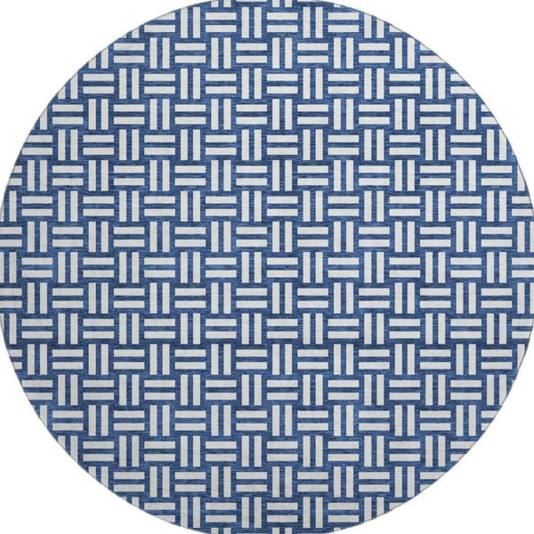 HomeRoots 8' Navy Blue & Ivory Abstract Geometric Washable Round Rug - Durable, Stain Resistant, UV Protected! 673552