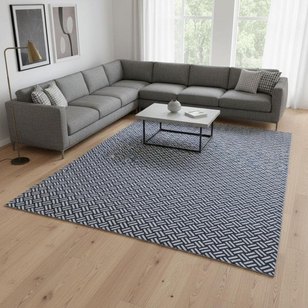HomeRoots 8' X 10' Navy Blue and Ivory Geometric Area Rug – Washable, UV Protected, Perfect for Busy Homes! 673553