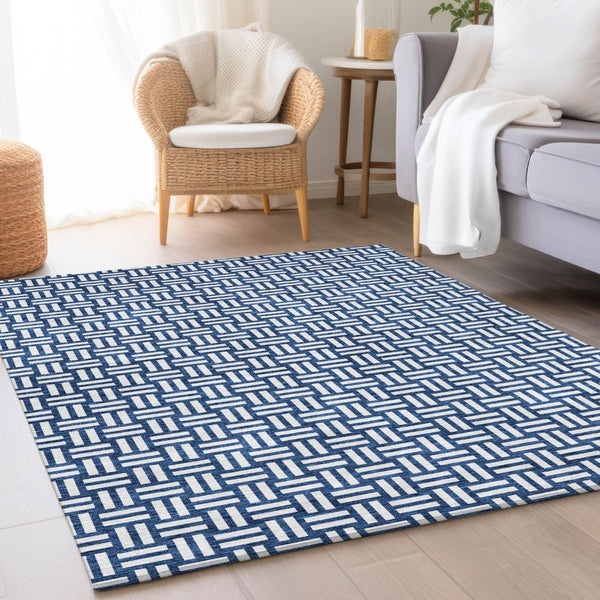 HomeRoots 8' X 10' Navy Blue and Ivory Geometric Area Rug – Washable, UV Protected, Perfect for Busy Homes! 673553