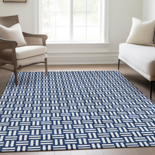 HomeRoots 8' X 10' Navy Blue and Ivory Geometric Area Rug – Washable, UV Protected, Perfect for Busy Homes! 673553