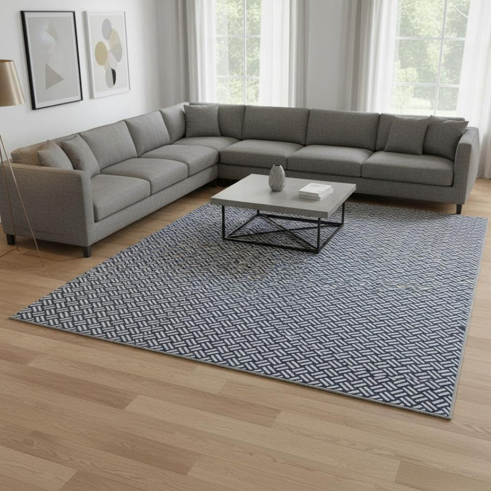 HomeRoots 10' X 14' Navy Blue & Ivory Abstract Geometric Washable Rug – Durable, UV-Protected, Perfect for Homes 673555