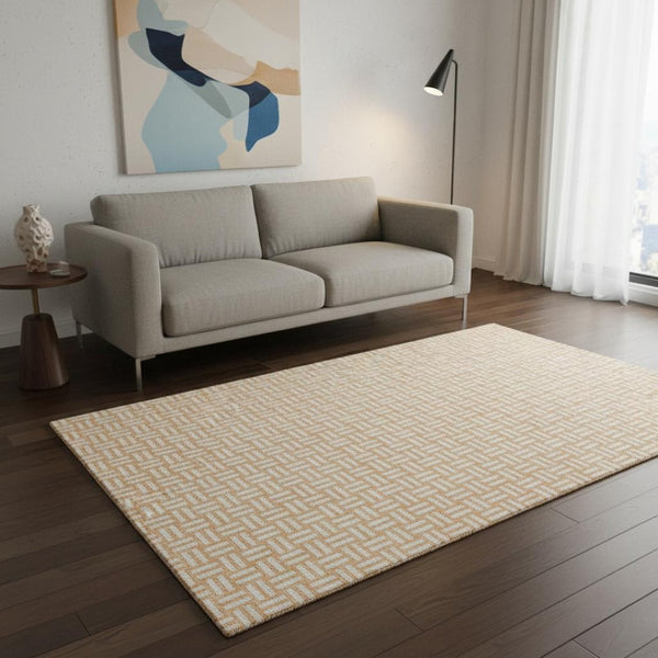 HomeRoots 5' X 8' Peach & Ivory Abstract Geometric Area Rug – Washable, UV-Protected, Kid & Pet Friendly! 673557