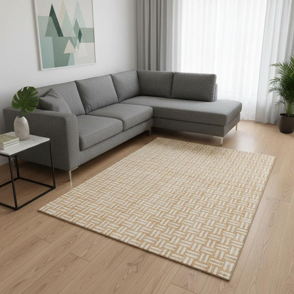 HomeRoots 8' X 10' Peach and Ivory Abstract Geometric Area Rug – Washable, UV-Protected, Perfect for High-Traffic Spaces 673559
