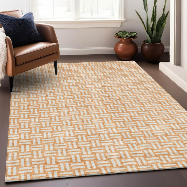 HomeRoots 8' X 10' Peach and Ivory Abstract Geometric Area Rug – Washable, UV-Protected, Perfect for High-Traffic Spaces 673559
