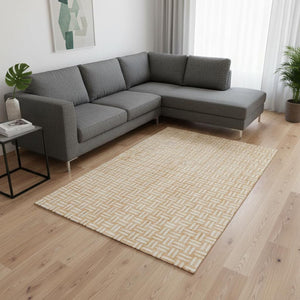 HomeRoots 10' X 14' Peach and Ivory Geometric Area Rug - Washable, UV Protected, Durable for Family Living Spaces 673561
